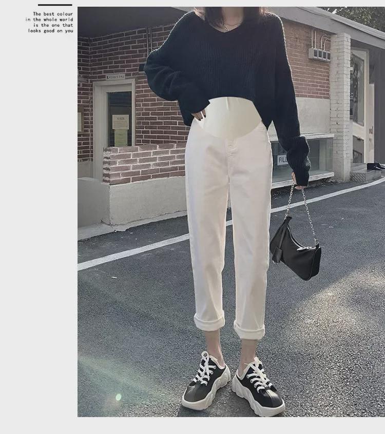 Blugi albi ocazional de maternitate - Suport pentru burtă de toamnă și jambiere largi pentru mămici