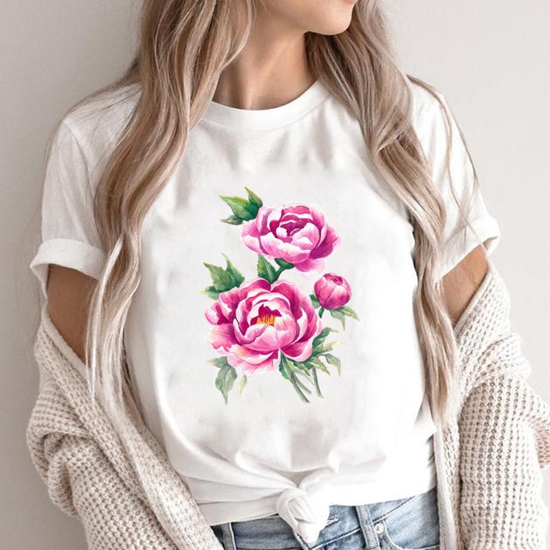 (Asian Size) O-neck Short Sleeve T-shirts Print Casual Top T trend flower style Graphic Tee Fashion Female Women's Clothing