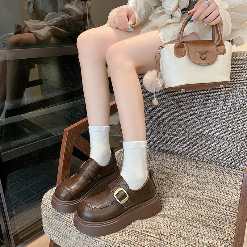 French platform heightening small leather shoes women's 2025 autumn new shorty Le retro British loafers with skirt