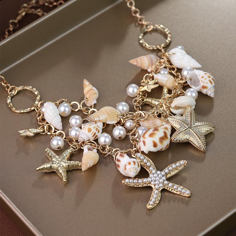 Summer Beach-Themed Conch & Starfish Shell Necklace for Women