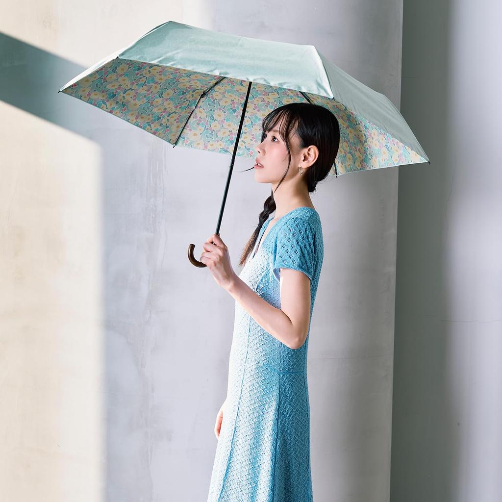 estaa Sun and Rain Heat Sun UV Light Green (Esta) Women's Parasol, Umbrella, Foldable, Plain/Floral Pattern, Shielding, Protection, Cut, 54cm,