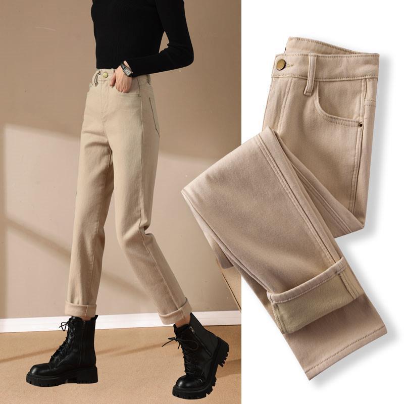 Spring Winter Plus Velvet Women Jeans Button High Waist Solid Pants Pockets Thicken Fashion Casual Straight Trousers