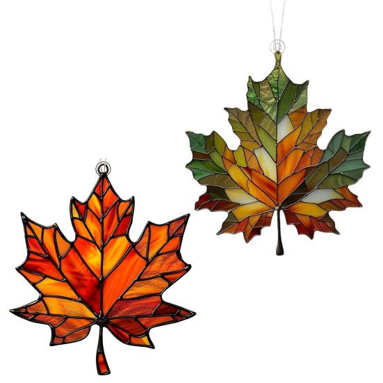 Autumn Maple Leaf Suncatcher Stained Glass Window Wall Hanging Decoration Acrylic Fall Leaf Ornament for Harvest Thanksgiving Party Supplies