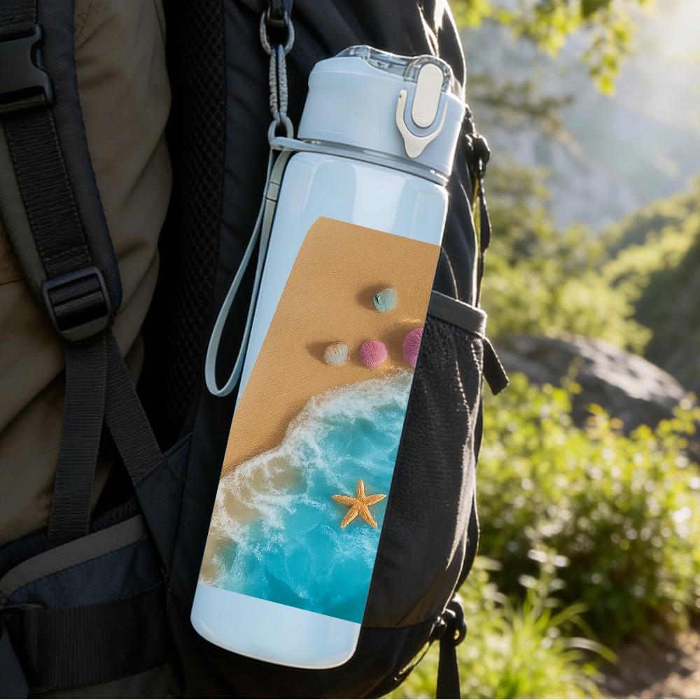 1PC Beach Ocean Sand Scene Art 750ml Color Plastic Sports Water Bottle Leakproof Flip Straw Lid Suitable for Sports Office Home Use