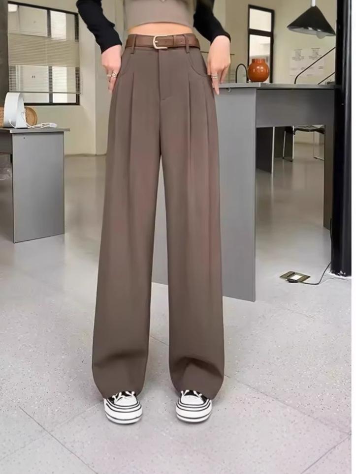 Elegant High-Waisted Drapey Suit Pants for Women - Spring/Autumn, Floor-Length, Straight & Wide-Leg Style.