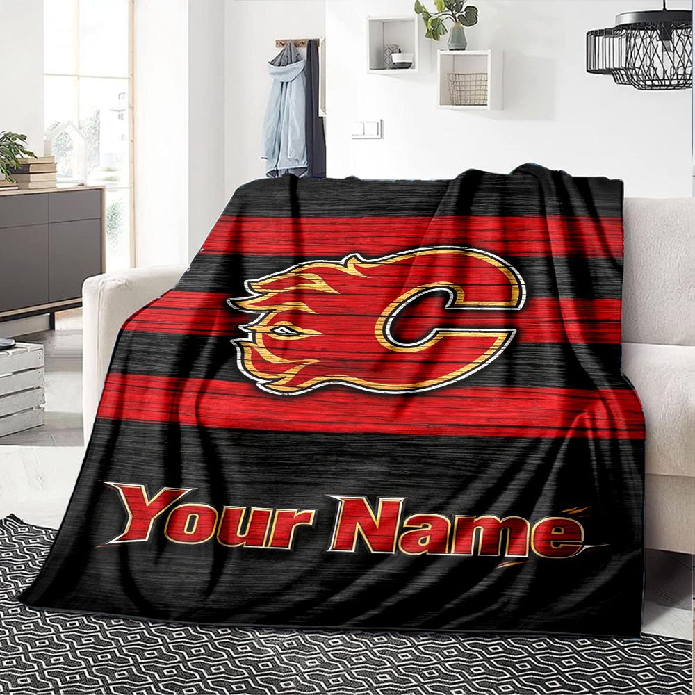 Name Custom Calgary Flames Logo Print Flannel Blanket High Quality Warm Comfortable Cover for All Seasons Perfect for Gifts Home Decor
