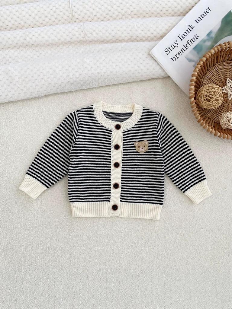 Boys' Striped Bear Embroidery Cotton Knitted Cardigan for Spring/Autumn.