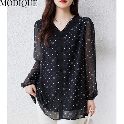 MODIQUE Spring Summer Plus Size New Women Loose Vintage Chiffon Dot Print Blouse Shirts Female Casual Oversize Long Sleeve V-Neck Top