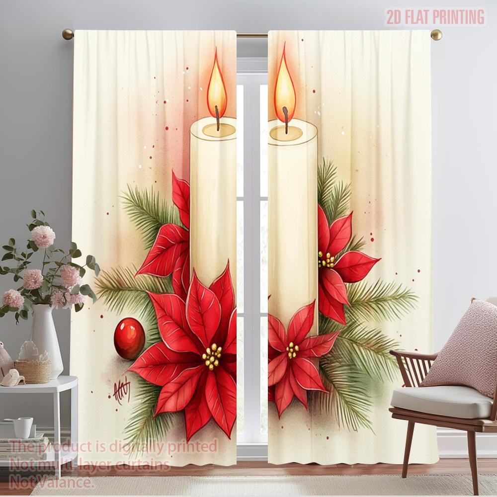 2pcs,2D Plane Printing Curtain Popular Christmas Candles Poinsettias Pinecones (2) 100% Polyester (without Rod) Home Decor Ldeal