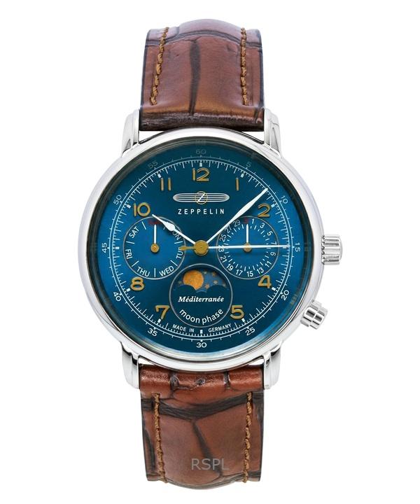 

Zeppelin 100 Jahre Mediterranee Moonphase Leather Strap Blue DIal Quartz 96373 Men s Watch синій