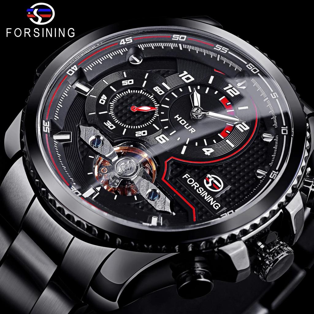 Forsining Mens Automatic Watches Stainess Steel Waterproof Wrist Watches Tourbillon Self Winding Mechanical Diamond Dial Wrist Watch