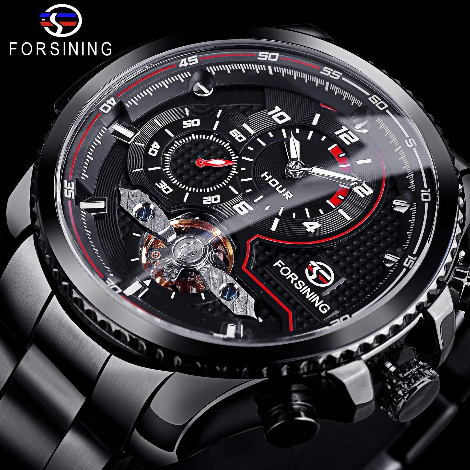 

FORSINING Mens Automatic Watches Stainess Steel Waterproof Wrist Watches Tourbillon Self Winding Mechanical Diamond Dial Wrist Watch чёрный