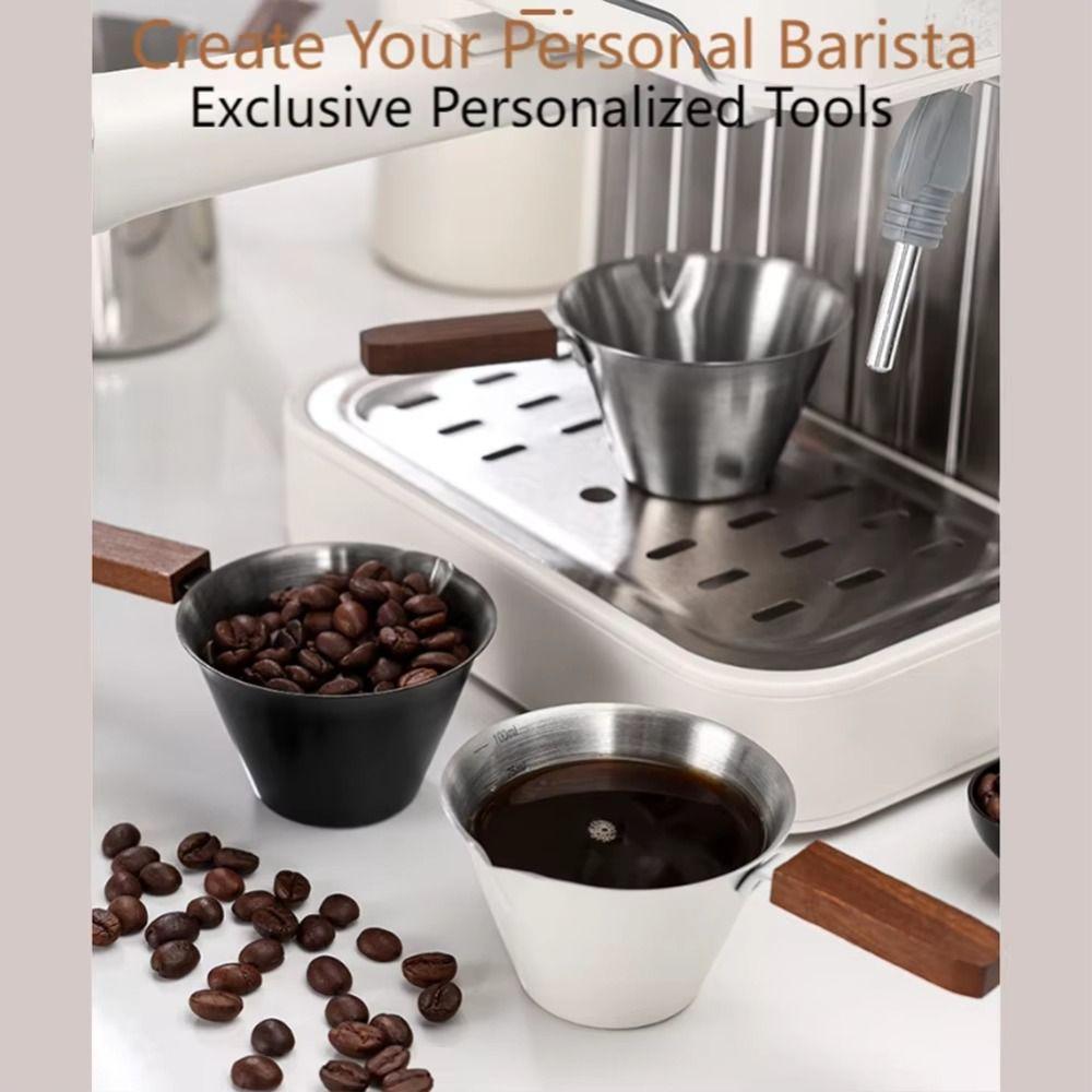 Stainless Steel Espresso Measuring Cup Clear Capacity Marks Spout Mouth Scaled Coffee Pouring Cup Thicken Wood Handle