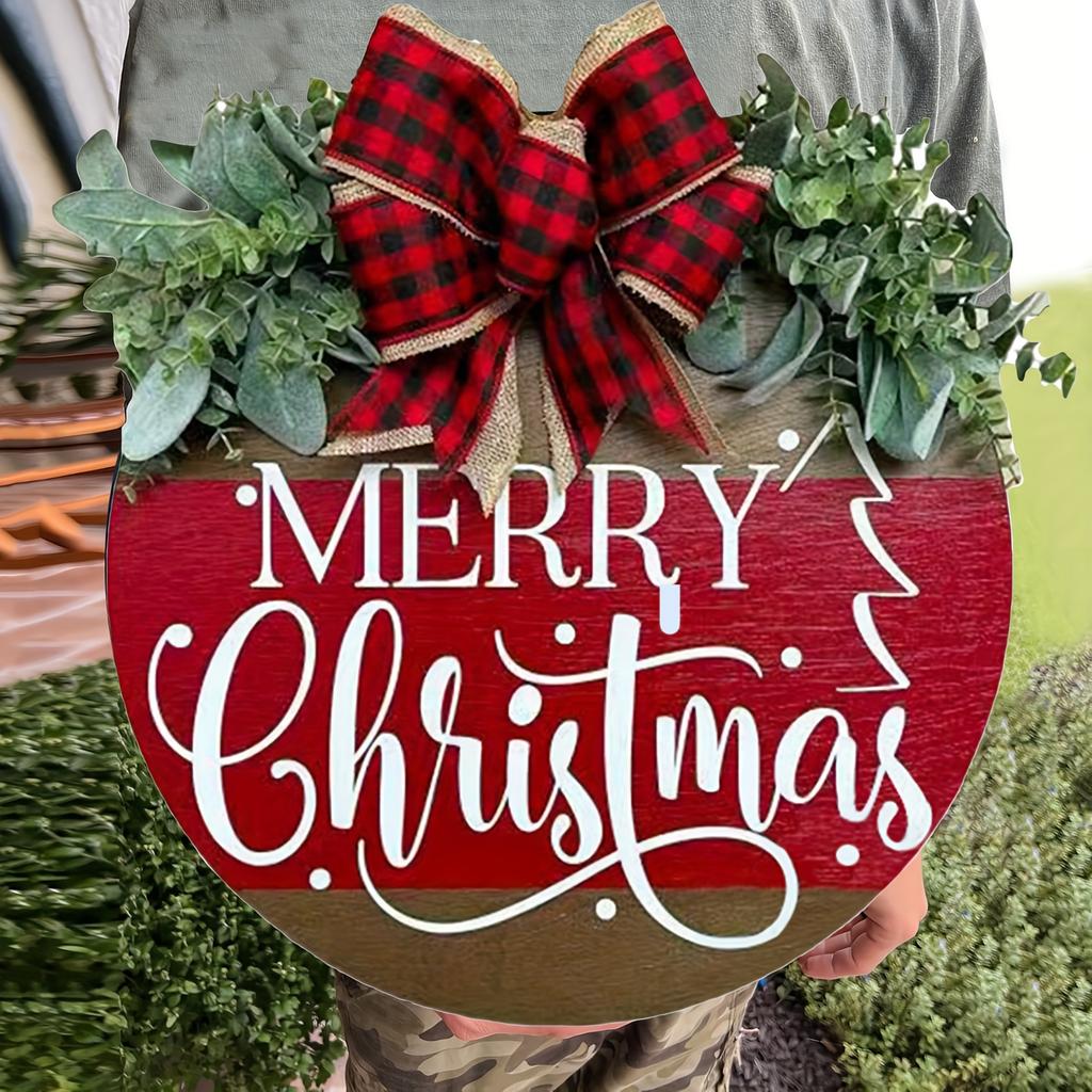 1pc Rustic Wooden Round Door Hanger - Merry Christmas Plaid Bow Sign, Perfect for Farmhouse Home & Porch Decor decoracion