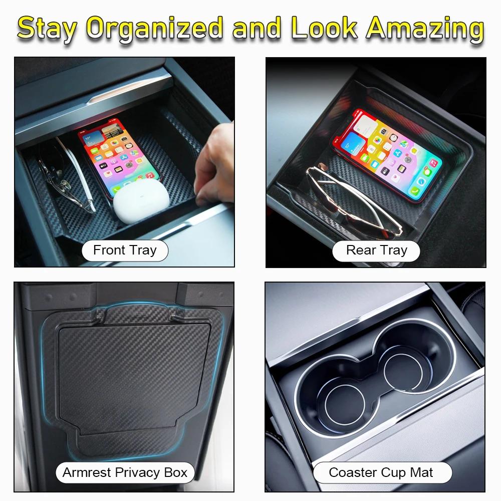Center Console Organizer For New Tesla Model 3 Highland Model Y Launch Tray Armrest Storage Box Cup Holder Mats Trim Accessories