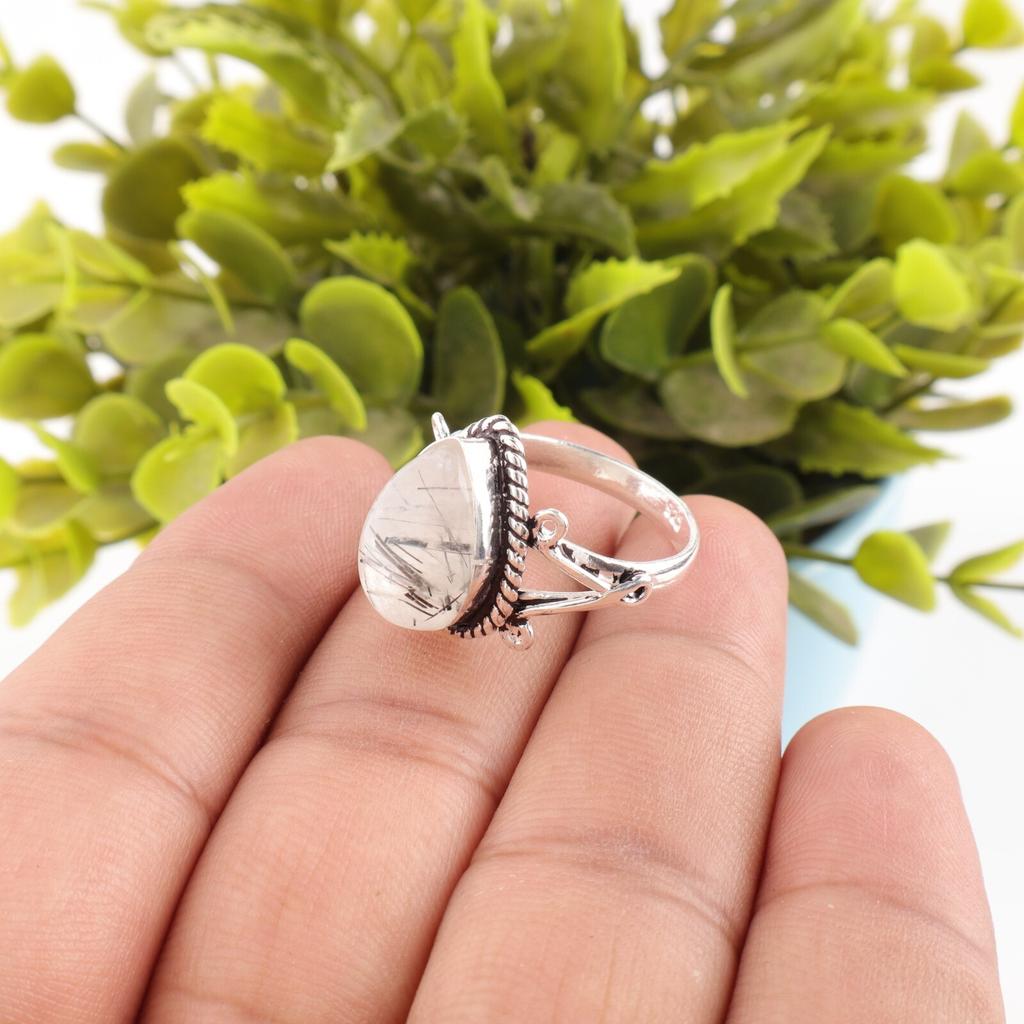 Black Rutile Gemstone 925 Sterling Silver Jewelry Handmade Ring For Girlfriend RR-57-27