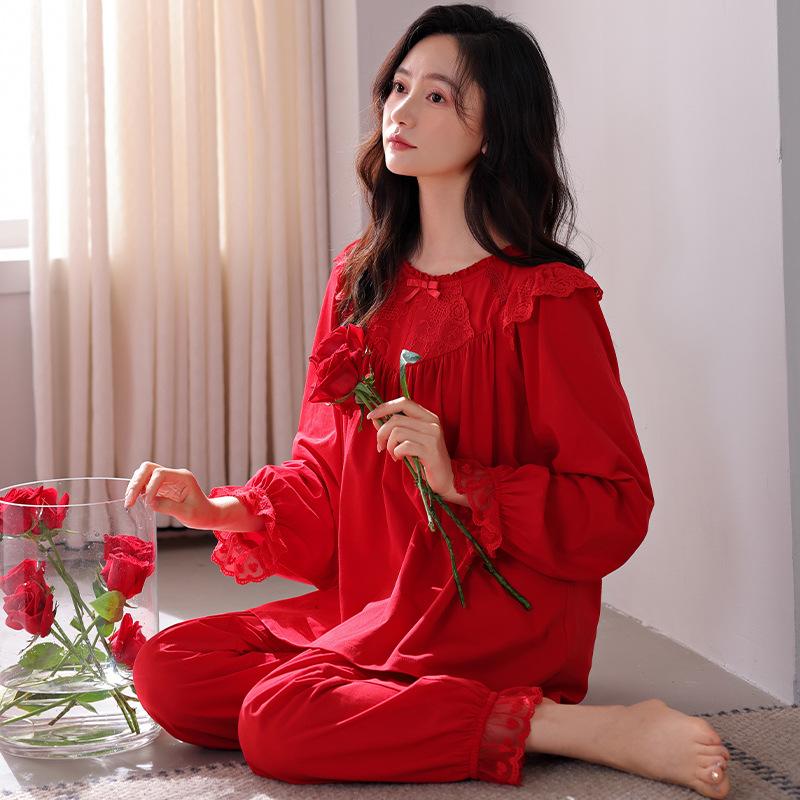 Pajamas Ladies Spring and Autumn Long Sleeve Suit Newlywed Bride Big Red Cotton Festive Birthday Loungewear