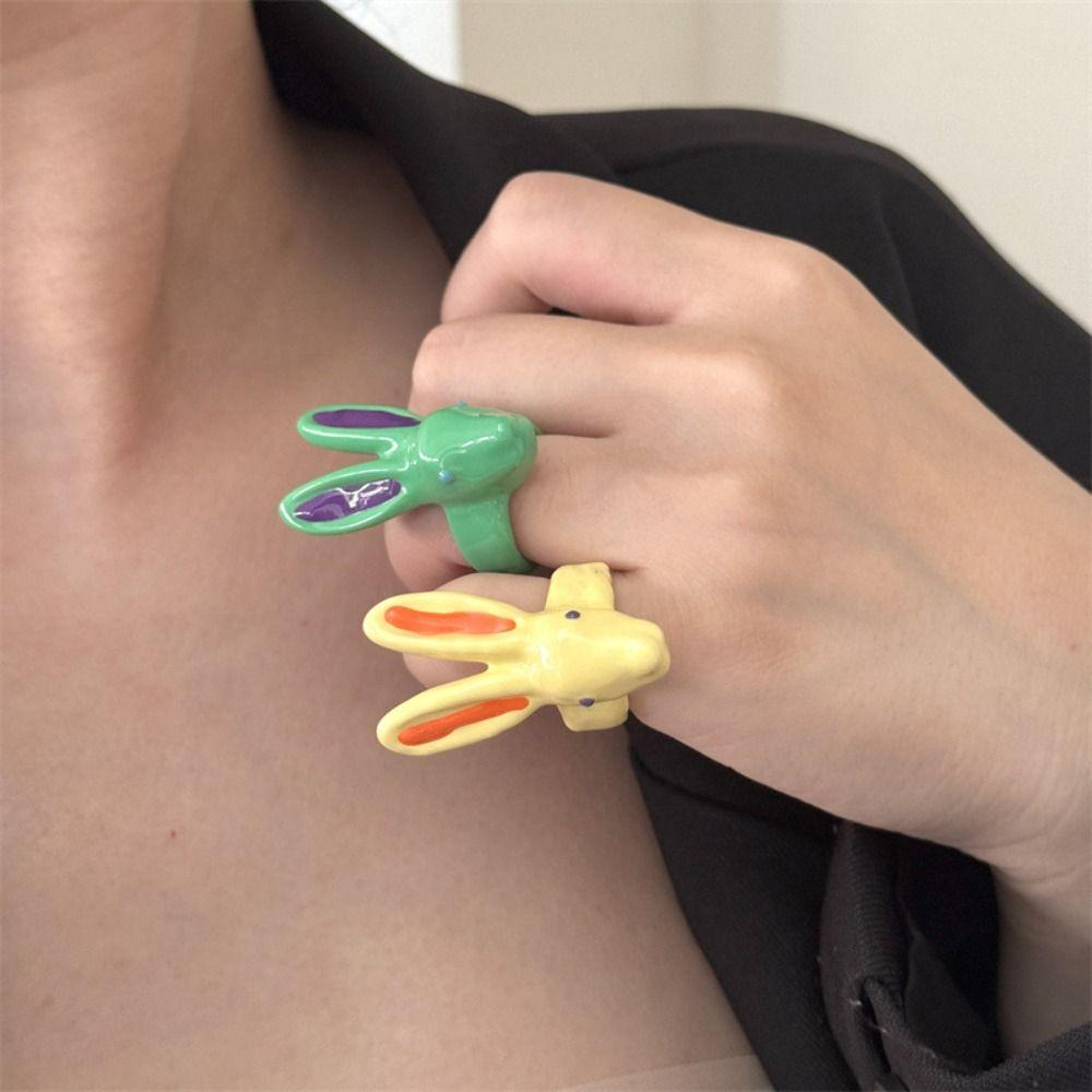 Macaron Color Rabbit Drip Oil Ring Minority Design Chunky Enamel Ring Exaggerated Ring Friend
