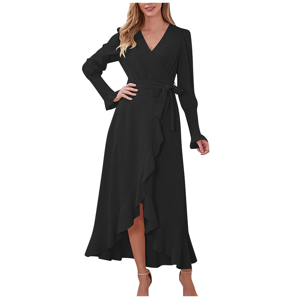 Women's Long Sleeved Solid Color High Round Large Swing Dress Slim Fit Long Dress