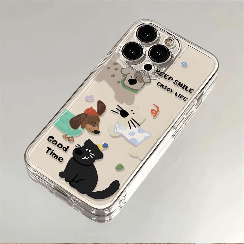 Pouzdro na iPhone s motivem šťastné kočky a psa: Pasuje na iPhone 11-16 Pro, 13 Pro Max; Přesné výřezy, Měkký průhledný kryt
