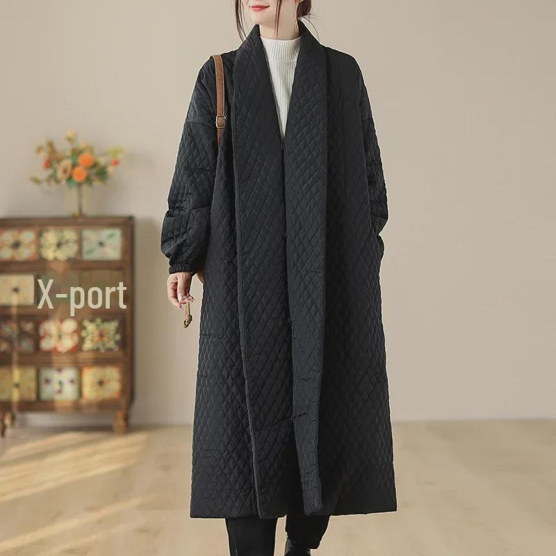 Winter 2023 European Loose-Fit Diamond-Patterned Cotton Jacket for Women - Large Size