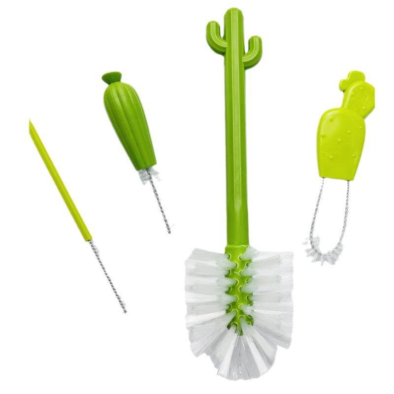 4Pcs Bottle Brush Cleaning Set Cartoon Cactus Baby Bottle Brush Kit Long Handled Water Bottle Cleaner Home Glasses Cups Straws