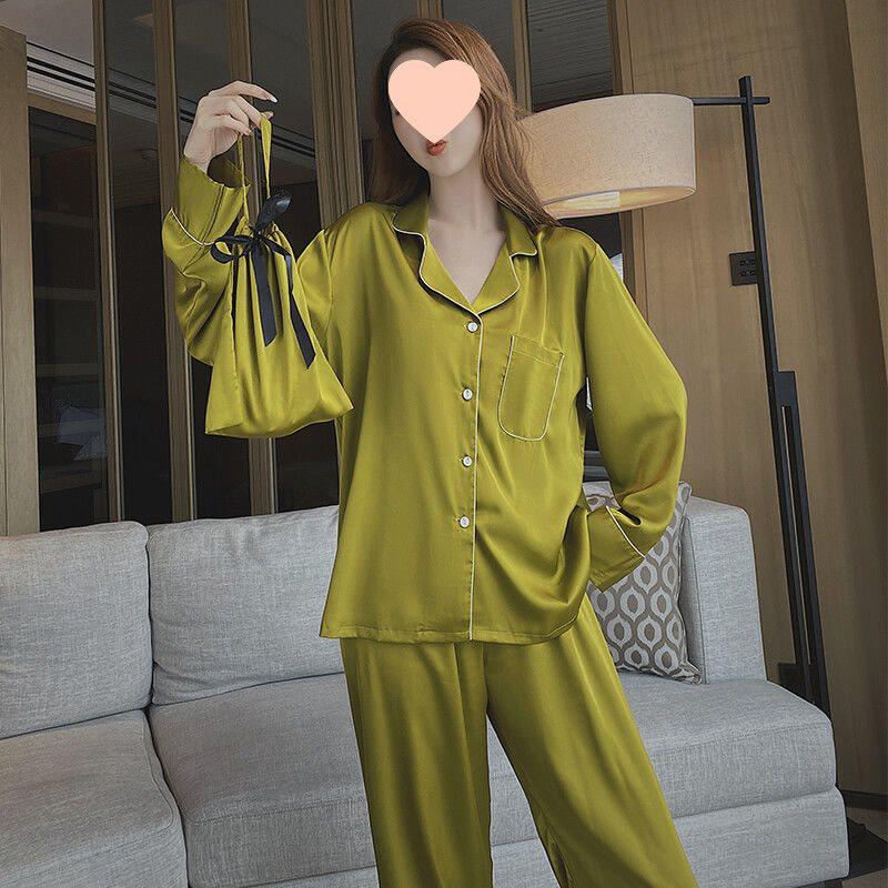 

Женская пижама из шелка в стиле инфлюенсера - Весенне-осенний комплект-тройка из ледяного шелка с длинным рукавом 2025 L (100-125 lbs) горчичный/жёлтый