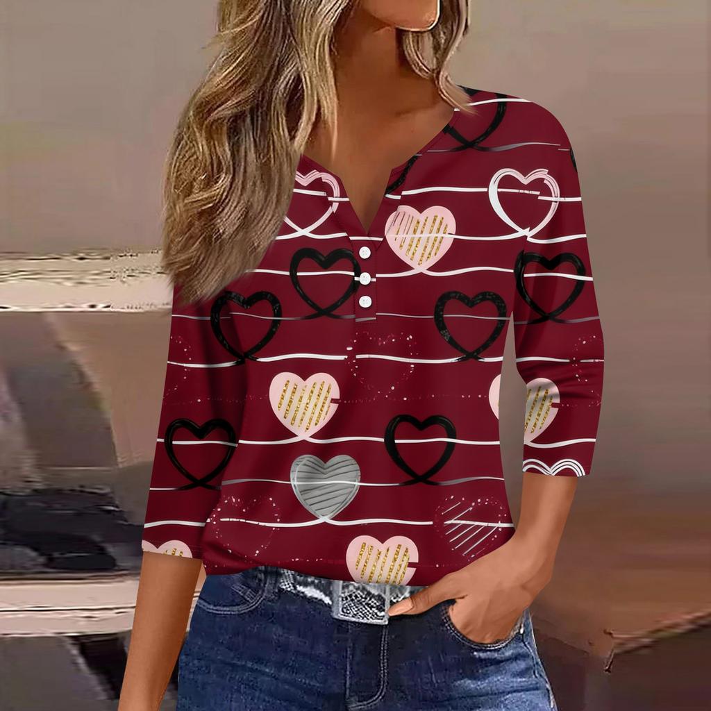 Women's Fashion Button-Up V-Neck Three-Quarter Sleeve Valentine's Day Print Top
