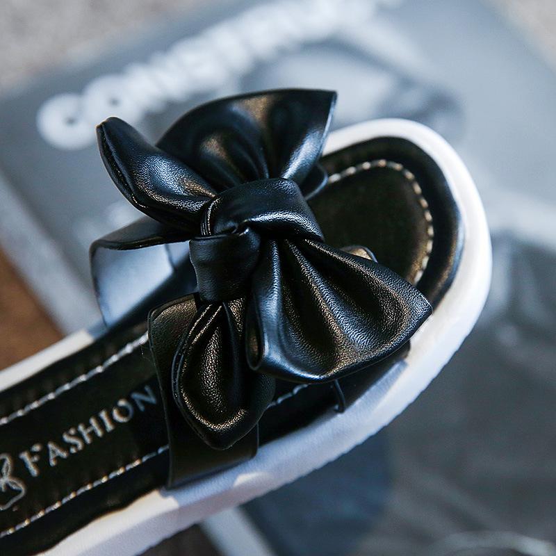 Solid Black Kids Fashion Bow Princess Shoes 2024 Summer New Britain Style Children Flat Open-toe Casual Girls PU Thick Bottom