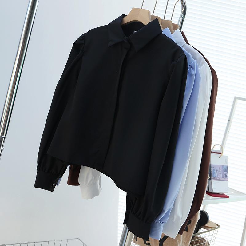 Lapel Loose Puff Sleeve Shirt Women's Button Solid Color Cardigan Casual Fashion Top