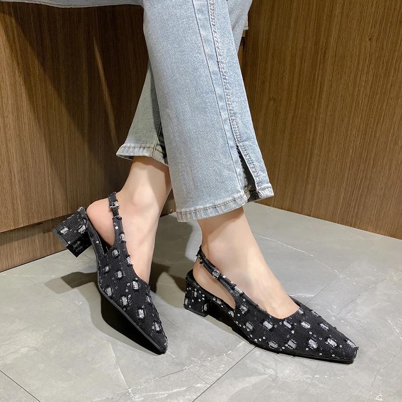 Fashion Sea Salt Blue Pointed High Heel Sandals for Women Back Hollow Half Headed Single Shoes Fashion Versatile Casual Shoes Heels