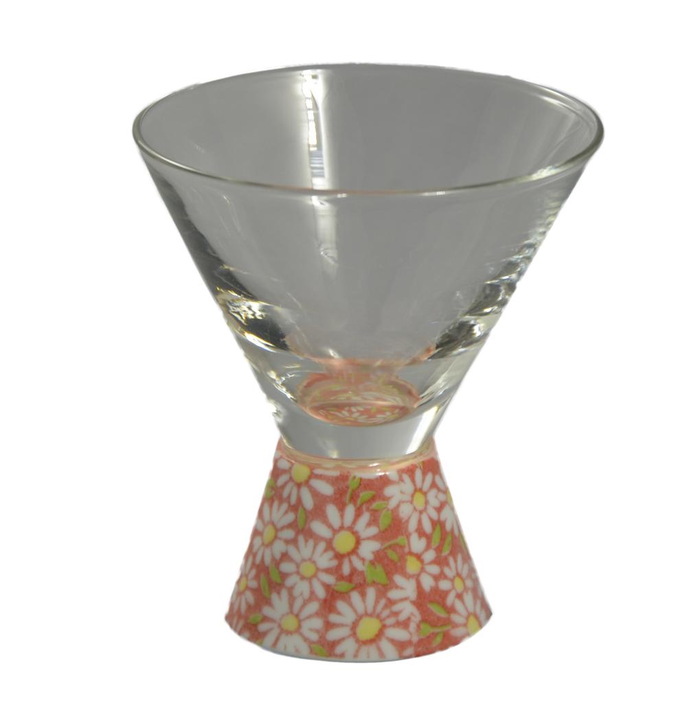 Arita Ware Roman Glass SAKE GLASS, Trapezoid, Small Red Chrysanthemum Design, HT-18-7