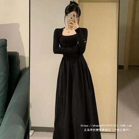 Hepburn Style Black Waist Temperament Long-sleeved Dress Women's Autumn New French Slim Medium and Long Skirt
