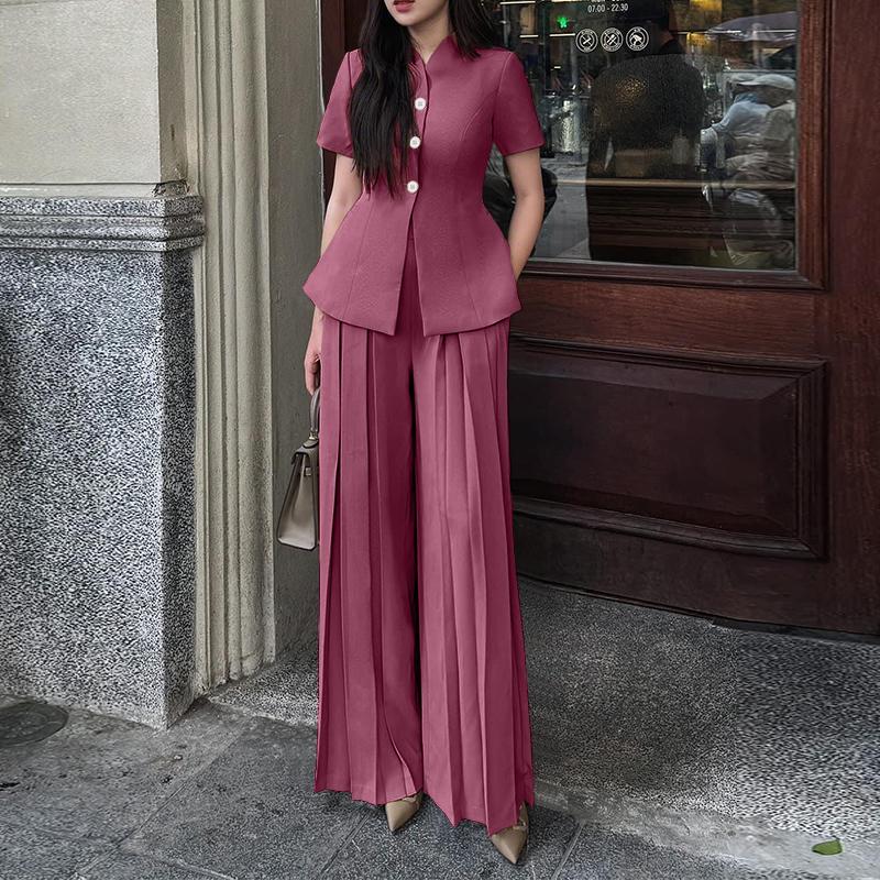 

ZANZEA Women Short Sleeve Blouse and Wide Leg Pants Casual Two Piece Suit Set 5XL розовый