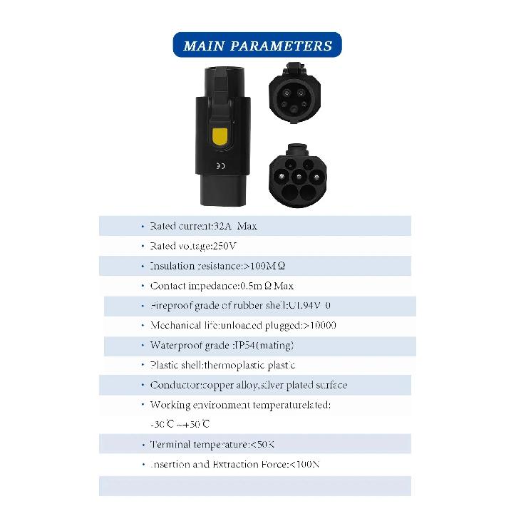 Type 2 to Type 1 EV Charger Adapter 32A Convert IEC 62196 Charger to J1772 Socket for Single-Phase Electric Cars