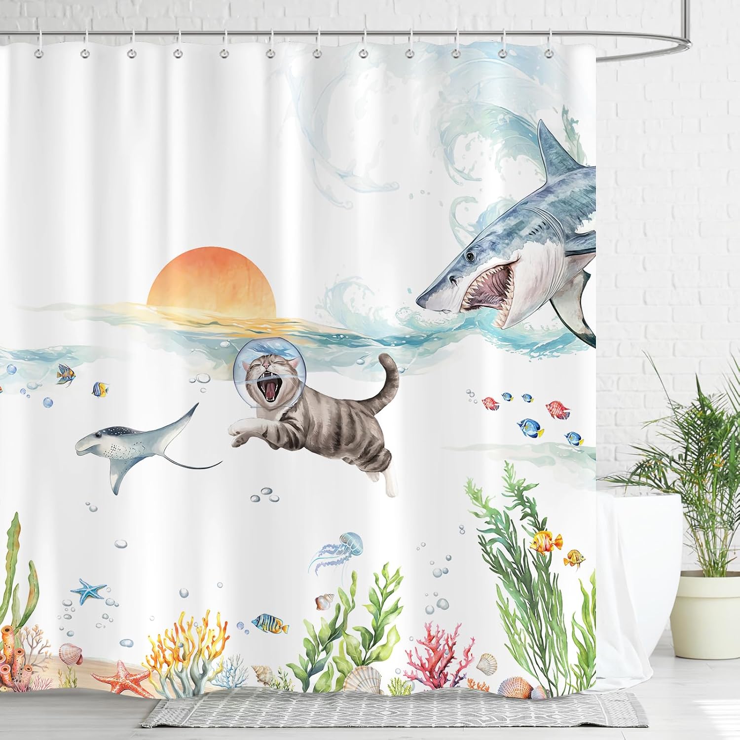

Fun Cat Colorful Shower Curtain Fish and Shark Pattern Waterproof Bathroom Curtain 180x 180cm with 12 Hooks W90xH180cm