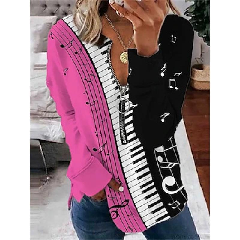 Womens V-Neck Half-Zip Long Sleeve Oversized Hoodie With Geometric Print Casual Comfort Fit 2025