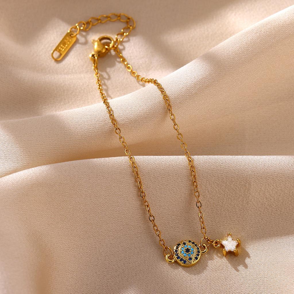 Minimalist Gold Color Evil Eye Bracelet With Star Pendant For Women Waterproof Stainless Steel Chain Hand Jewelry Summer Gifts