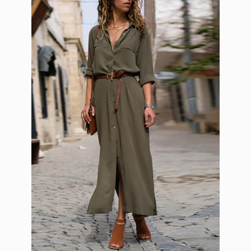 Fashion Long Sleeve Split Casual Shirt Dress Women Solid Single Breasted Plus Size Dress Female Elegant Loose Office Lady Dresses 24182