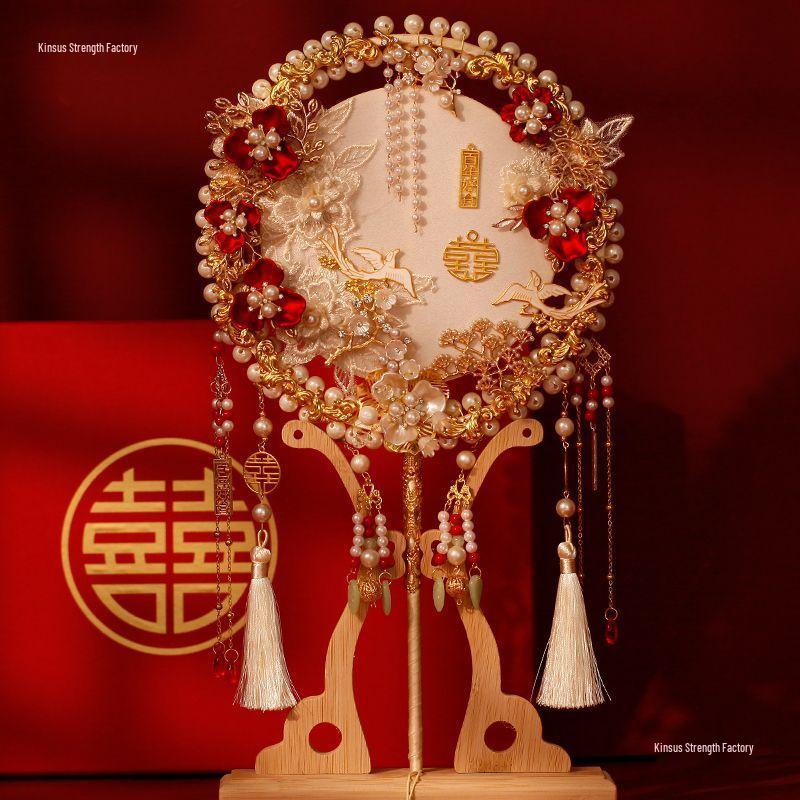 Ancient Style Double Circle Champagne Bride Fan - Handmade Chinese Xiuhe Wedding Fan DIY Material Pack