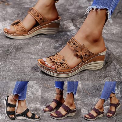 Summer Women Casual Shoes Vintage Flower Fish Mouth Sandals Women Rhinestone Mid Heels Wedge Sandals