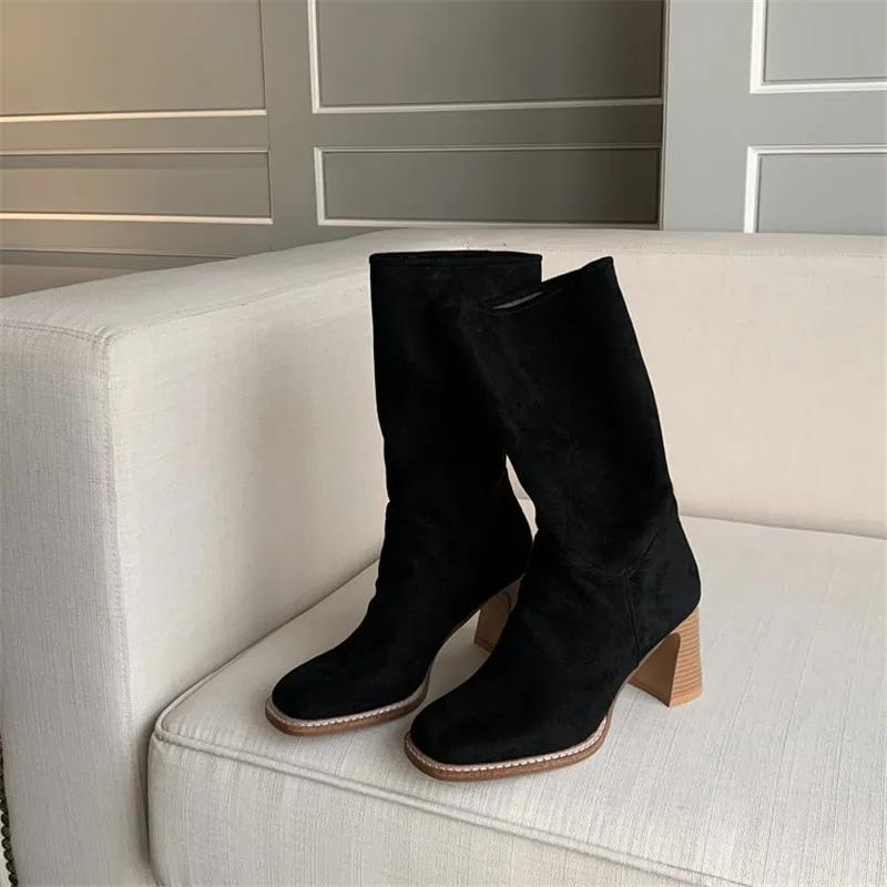 Fashion New Kid Suede Retro Women Boots Autumn Winter Slip-On Mid-Calf Boots for Women Square Toe Square Heel Basic Shoes High(5cm-8cm)