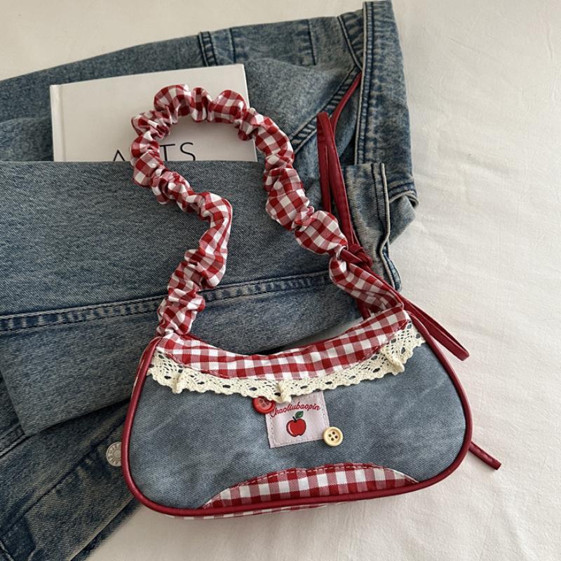 Korean Color-blocked Handbag Red Plaid Denim Patchwork Shoulder Bag Y2k Lace Crossbody Bag Sweet Girl Zipper Small Square Bag