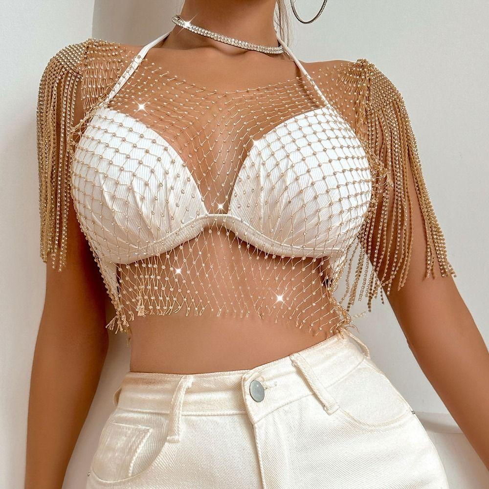 Rhinestone Fishnet Glitter Top Mesh Rhinestone Fishnet Cover Ups  Party
