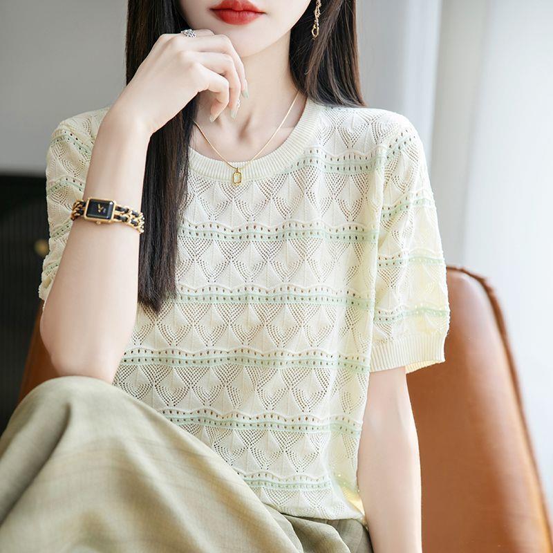 Summer Women's Knitted Short Sleeve T-shirt Round Neck Hollow T-shirt Loose Knitted Shirt Top