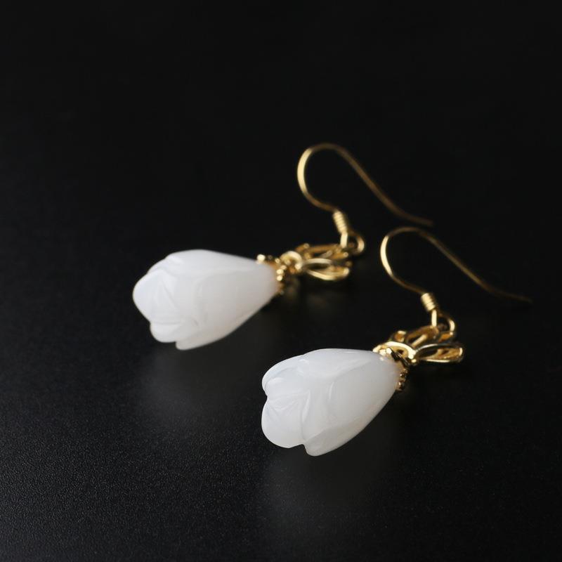 Natural Hetian White Jade Earrings Chinese Retro Lotus Unique Pattern Designer Craft Charm Women's Brand Jewelry