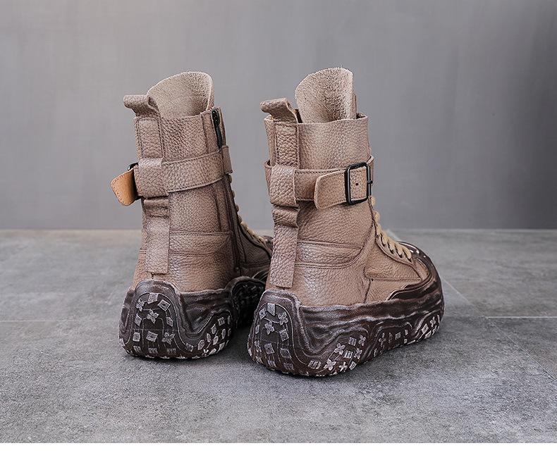 Damen Vintage Leder Motorrad Stiefeletten - Dicke Sohle, Martin Stil, Herbst/Winter Kollektion, Plus Baumwollfutter.