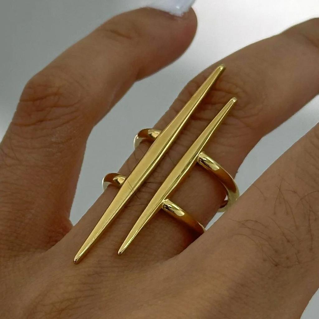 Stainless Steel 18K Gold Plated Vintage Parallel Double Line Hollowed Out Open End Ring Women Anti Allergic Charm Daily