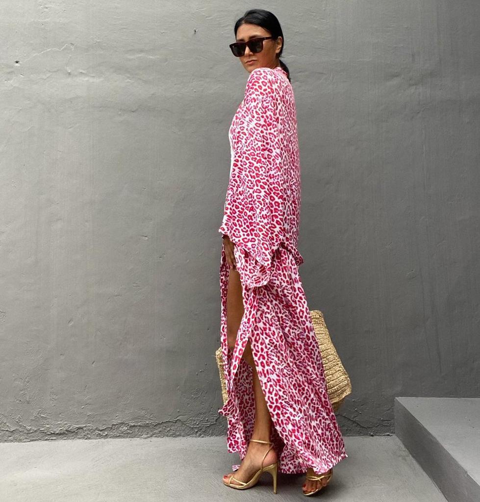 Leopard Print Long Cardigan: Loose-Fit Beach Sun Protection & Swimsuit Cover-Up for Women