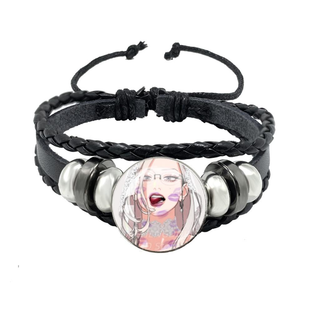 Manga Gokurakugai Cartoon Character Glass Cabochon Black Leather Bangle Bracelet Jewelry Charm Fans Gift MS013